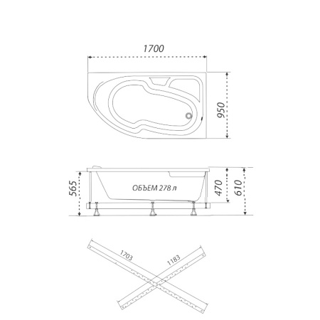 Ванна акриловая асимметричная в полной комплектации правая 1700х950х610 мм, 24705 фото  в интернет-магазине Санкомп