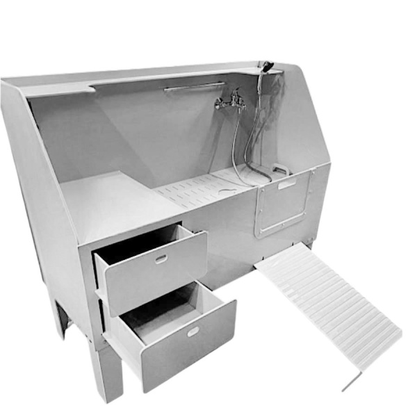 Ванна для груминга для собак с экраном 1480х600х1330 мм СО СМЕСИТЕЛЕМ, ТРАПОМ, ШКАФЧИКАМИ, 18246 фото  в интернет-магазине Санкомп