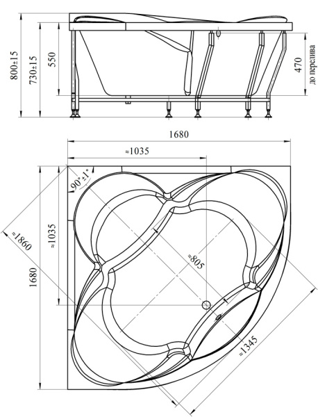 Ванна акриловая угловая с каркасом 1680х1680х800 мм, 21913 фото  в интернет-магазине Санкомп