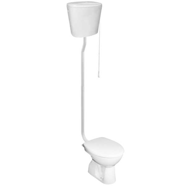 Унитаз с высоким бачком керамика, выпуск в пол, сидение эконом, труба наружная пластик фото  в интернет-магазине Санкомп