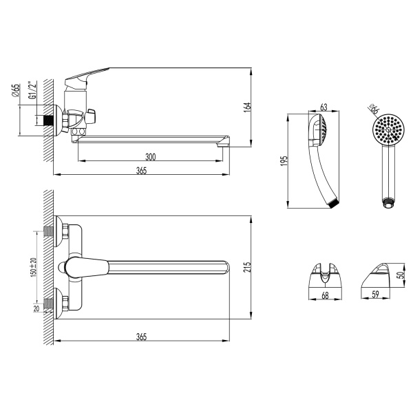 Смеситель для ванны настенный ОДНОРЫЧАЖНЫЙ, излив поворотный 30 см, лейка 1 режим 22263 фото  в интернет-магазине Санкомп