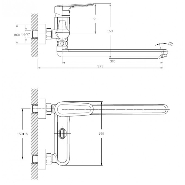 Смеситель для ванны настенный ОДНОРЫЧАЖНЫЙ, излив поворотный 35 см, лейка 3 режима, 24788 фото  в интернет-магазине Санкомп