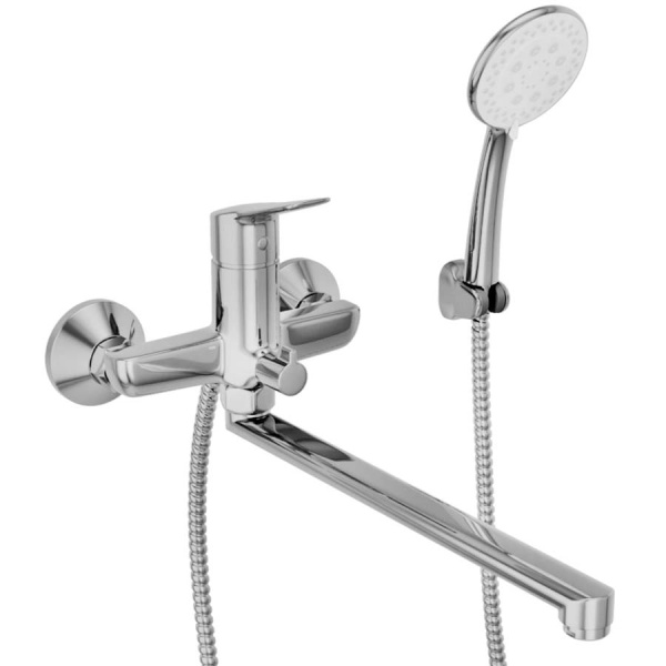 Смеситель для ванны настенный ОДНОРЫЧАЖНЫЙ, излив поворотный 408 мм, лейка 5 режимов, 26281 фото  в интернет-магазине Санкомп