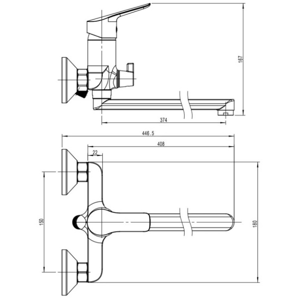 Смеситель для ванны настенный ОДНОРЫЧАЖНЫЙ, излив поворотный 408 мм, лейка 5 режимов, 26281 фото  в интернет-магазине Санкомп