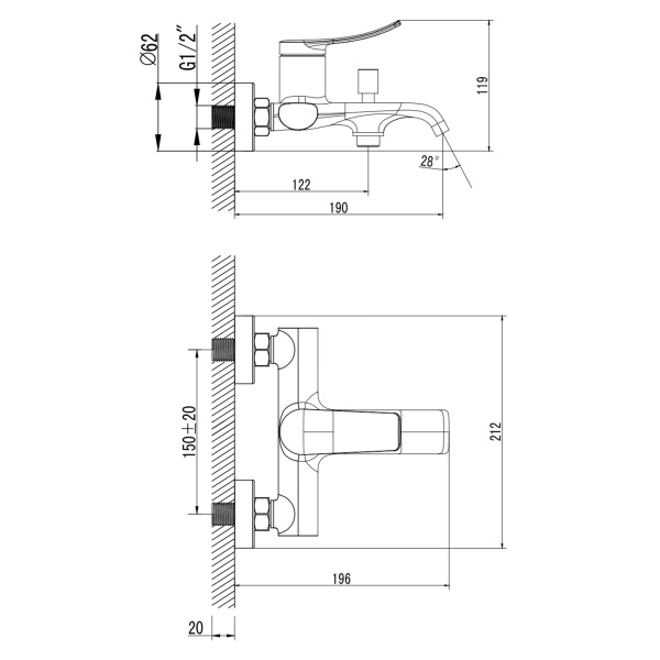 Смеситель для ванны и душа настенный ОДНОРЫЧАЖНЫЙ с ручным душем, хром 22318 фото  в интернет-магазине Санкомп