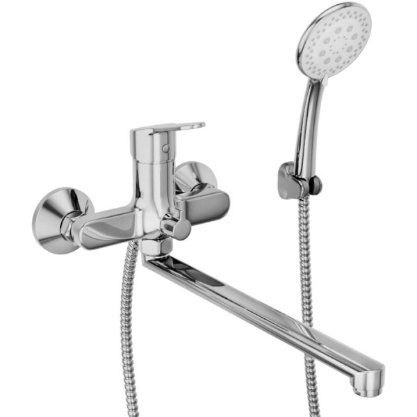 Смеситель для ванны настенный ОДНОРЫЧАЖНЫЙ, излив поворотный 447 мм, лейка 5 режимов, 26295 фото  в интернет-магазине Санкомп
