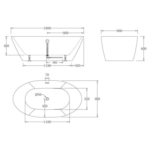 Ванна акриловая отдельностоящая овальная 1800х900 мм, 21810 фото  в интернет-магазине Санкомп