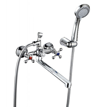 Смеситель для ванны настенный ДВУХВЕНТИЛЬНЫЙ керамика, излив длинный 30 см, лейка 1 режим фото  в интернет-магазине Санкомп