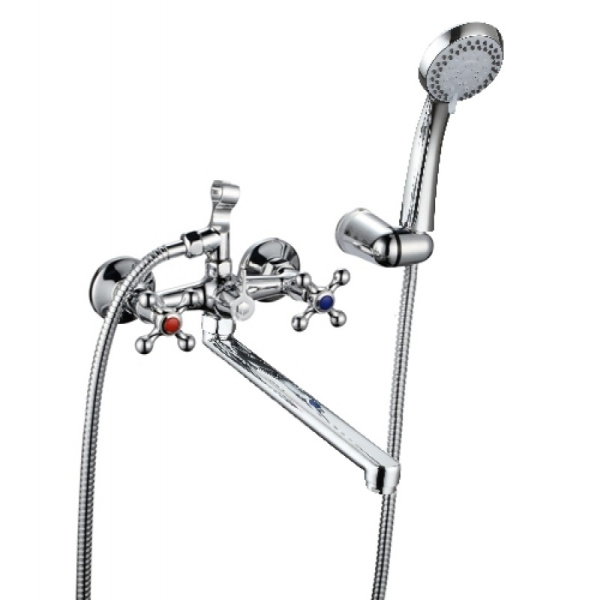 Смеситель для ванны настенный ДВУХВЕНТИЛЬНЫЙ керамика, излив длинный 30 см, лейка 1 режим фото  в интернет-магазине Санкомп