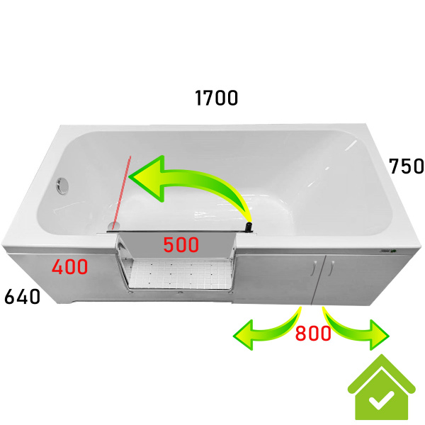 Ванна с дверью 1700х750х640 мм СЛИВ СЛЕВА, ДВЕРЬ СЛЕВА 400 мм от края, ОТКРЫТИЕ НАЛЕВО, 26555 фото  в интернет-магазине Санкомп