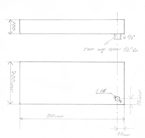Поддон AISI 304 толщина 1,5 мм 900х700х100 мм, слив 1/2" с наружной  резьбой (по размерам заказчика) фото  в интернет-магазине Санкомп