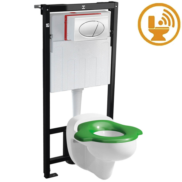 Унитаз ДЕТСКИЙ подвесной сиденье без крышки ЗЕЛЕНОЕ с инсталляцией с кнопкой, 16471  фото  в интернет-магазине Санкомп