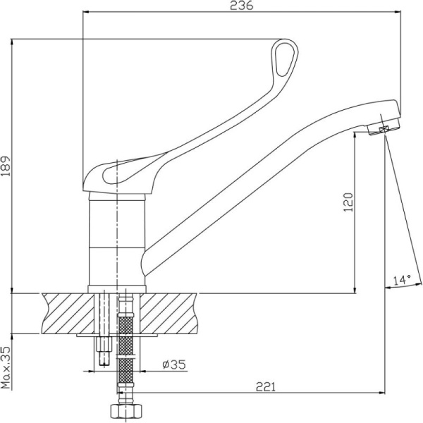 Смеситель ЛОКТЕВОЙ (ХИРУРГИЧЕСКИЙ) для кухни и раковины, (К35), с поворотным изливом 22 см, ШПИЛЬКА фото  в интернет-магазине Санкомп