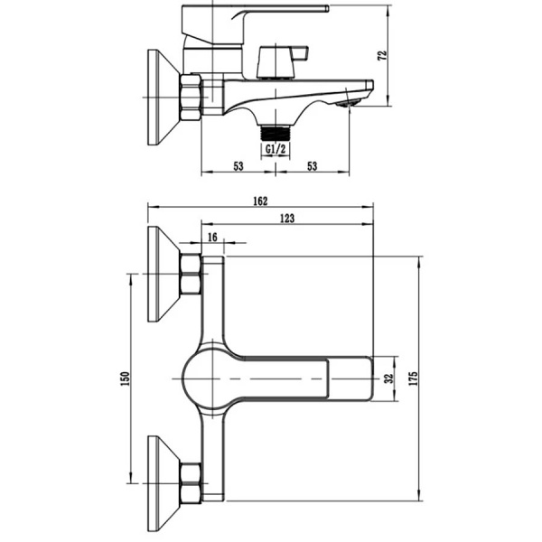Смеситель для ванны настенный ОДНОРЫЧАЖНЫЙ, излив литой, длина излива 123 мм, лейка 5 режимов, 26290 фото  в интернет-магазине Санкомп