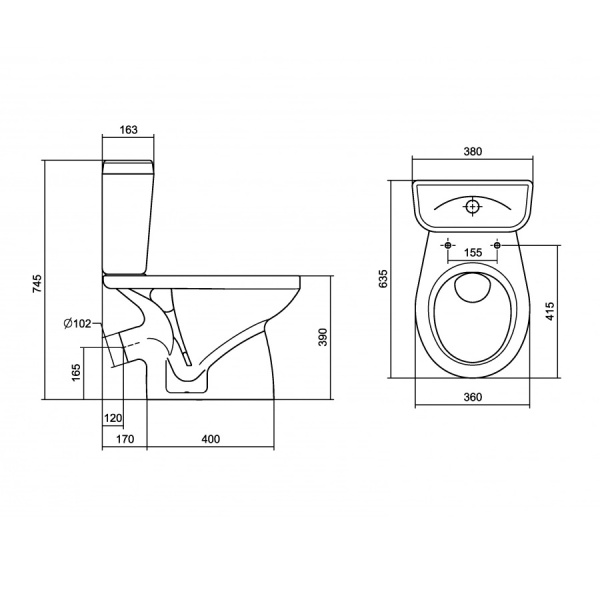Унитаз-компакт КОСОЙ (640х380х745) АНТИВСПЛЕСК (ВОРОНКООБРАЗНЫЙ) 2 режима, сиденье полипропил, 22975 фото  в интернет-магазине Санкомп