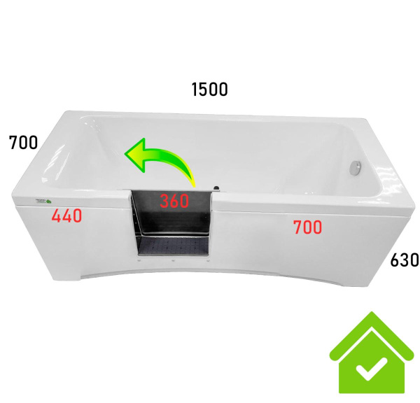 Ванна с дверцей антискольжение 1500х700х630 мм СЛИВ СПРАВА, Дверца 700 мм от правого края, 22977 фото  в интернет-магазине Санкомп