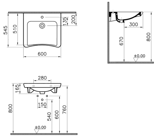 Умывальник медицинский керамика с отверстием под смеситель с переливом 600х545х165, 26167 фото  в интернет-магазине Санкомп