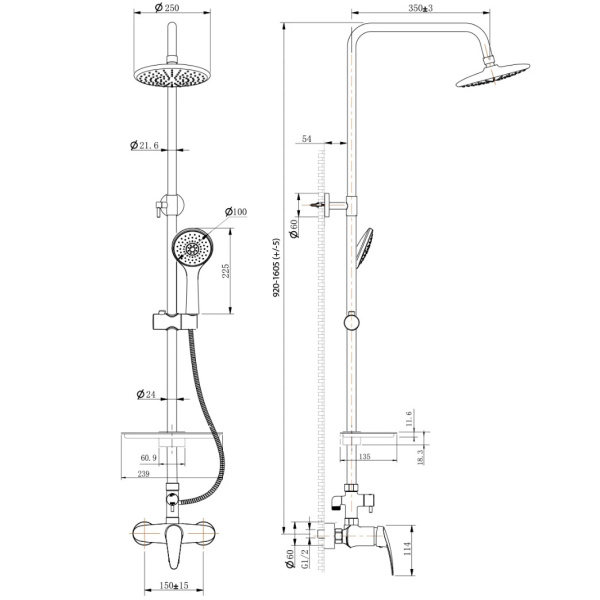 Душевая система ТРОПИЧЕСКИЙ ДУШ однорычажная, лейка 1 режим с гибким шлангом (выстота 920-1605) фото  в интернет-магазине Санкомп