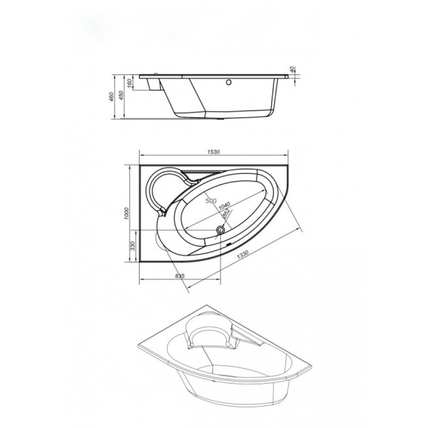 Ванна акриловая асимметричная левая 1530х1000, 21749 фото  в интернет-магазине Санкомп