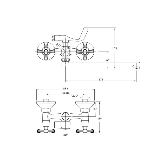 Смеситель для ванны настенный двухвентильный, излив длинный 272 мм, лейка 1 режим, 26102 фото  в интернет-магазине Санкомп