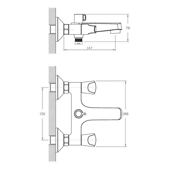 Смеситель для ванны настенный ДВУХВЕНТИЛЬНЫЙ керамика, излив литой 15 см, лейка 1 режим, 03963 фото  в интернет-магазине Санкомп
