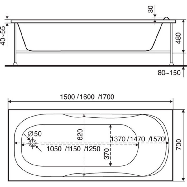 Ванна акриловая в комплектации "стандарт" 1700х700х430 мм, 6137 фото  в интернет-магазине Санкомп