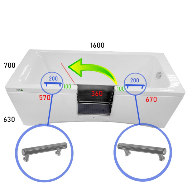 Ванна с дверцей 1600х700х590 мм СЛИВ СПРАВА, ДВЕРЦА СЛЕВА 570 мм, ОТКРЫТИЕ НАЛЕВО 2 ПОРУЧНЯ, 25419 фото  в интернет-магазине Санкомп