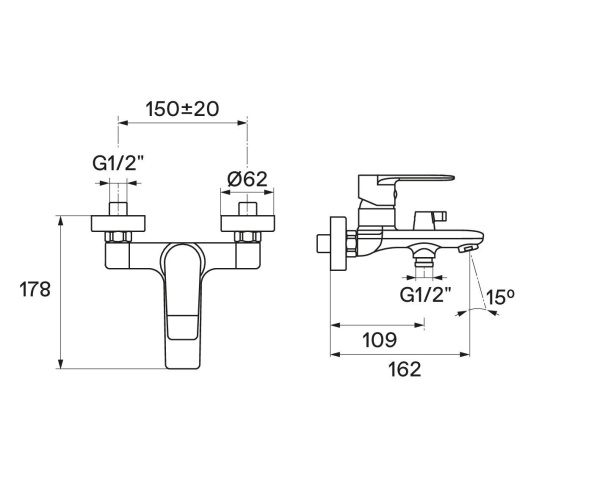 Смеситель для ванны настенный ОДНОРЫЧАЖНЫЙ, излив литой, длина излива 162 мм, лейка 1 режим, 22761 фото  в интернет-магазине Санкомп