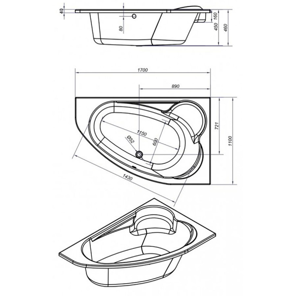 Ванна акриловая асимметричная правая с каркасом 1700х1100 мм, 21777 фото  в интернет-магазине Санкомп