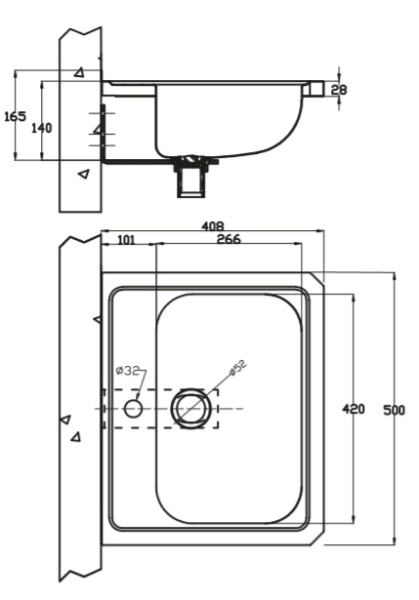 Раковина из нержавеющей стали настенная 408х500х165 мм, 03627 фото  в интернет-магазине Санкомп