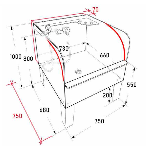 Мойка для обуви 750х750х1000 С ЭКРАНОМ СО СМЕСИТЕЛЕМ с дополнительной полкой 70 мм, 23953 фото  в интернет-магазине Санкомп