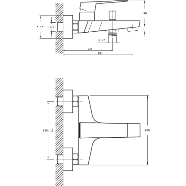 Смеситель для ванны настенный ОДНОРЫЧАЖНЫЙ, излив литой, длина излива 181 мм, лейка 1 режим, 26492 фото  в интернет-магазине Санкомп