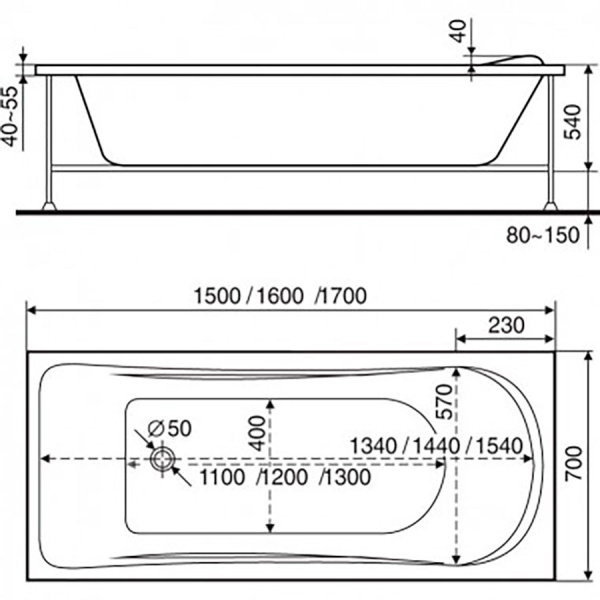 Ванна акриловая в комплектации "стандарт" 1700х700х540 мм, 10980 фото  в интернет-магазине Санкомп
