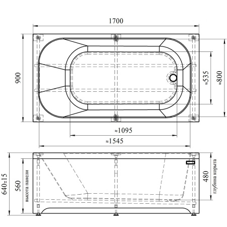 Ванна акриловая гидромассажная 1700х900 мм, 16970 фото  в интернет-магазине Санкомп