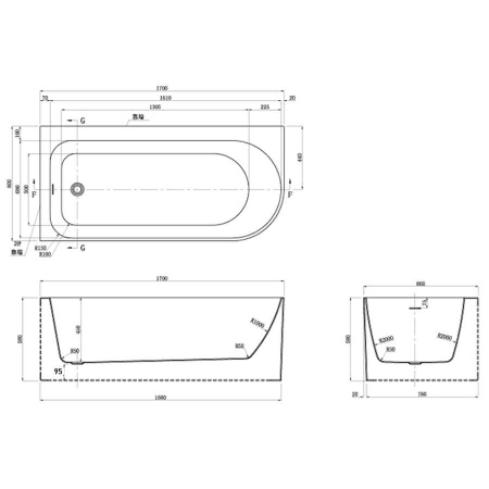 Ванна акриловая асимметричная в комплектации 1700х800 мм, 21971 фото  в интернет-магазине Санкомп