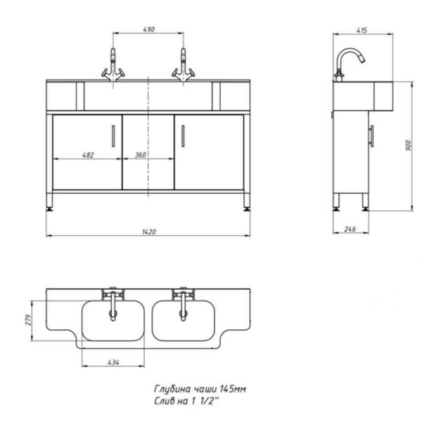 Мойка с тумбой 2-х секционная из нержавеющей стали 1420x900x415 мм  (чаша 434х279х145) мм, 25876 фото  в интернет-магазине Санкомп