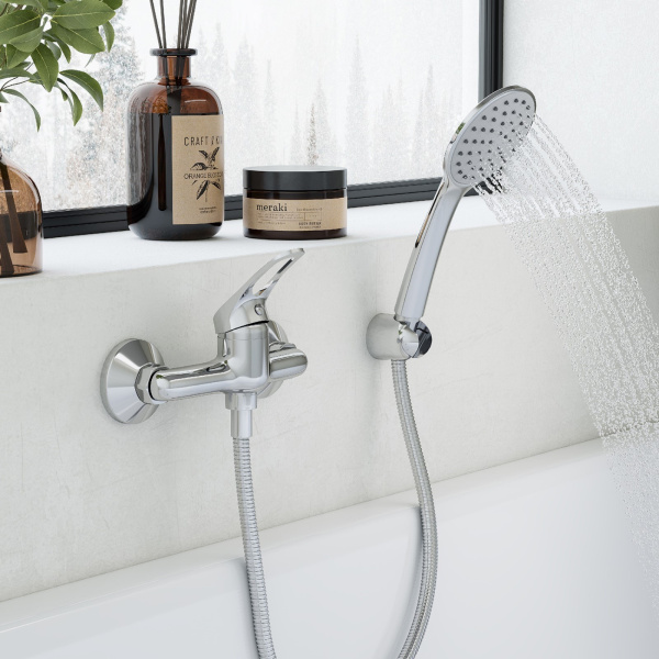 Смеситель для ванны настенный ОДНОРЫЧАЖНЫЙ, излив литой, лейка 1 режим, шланг 150 см, 22749  фото  в интернет-магазине Санкомп