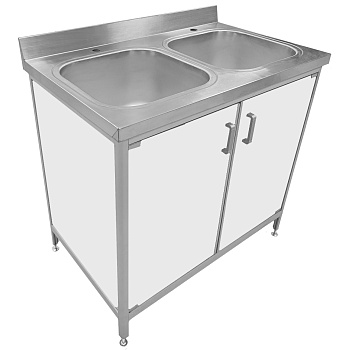 Тумба с 2-х секционной мойкой с 2 отверстиями под настольный смеситель 900х600х850 мм, Белый, 24895 фото  в интернет-магазине Санкомп