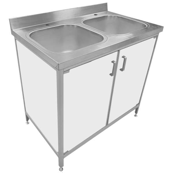 Тумба с 2-х секционной мойкой с 2 отверстиями под настольный смеситель 900х600х850 мм, Белый, 24895 фото  в интернет-магазине Санкомп