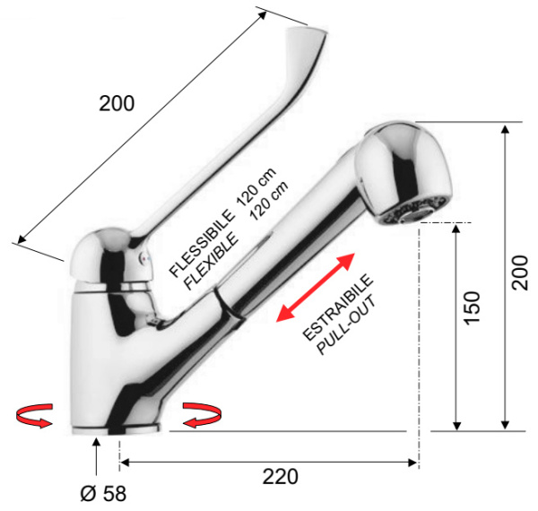 Смеситель ЛОКТЕВОЙ (ХИРУРГИЧЕСКИЙ) для кухни и раковины, (К40), с вытяжным душем 22/15 см, ШПИЛЬКА фото  в интернет-магазине Санкомп