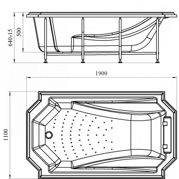 Ванна акриловая прямоугольная гидромассажная 1900х1100 мм, 21895  фото  в интернет-магазине Санкомп