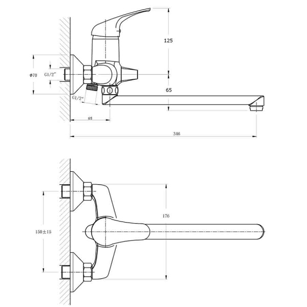Смеситель для ванны настенный ОДНОРЫЧАЖНЫЙ, излив поворотный 270 мм, лейка 1 режим, 25919 фото  в интернет-магазине Санкомп