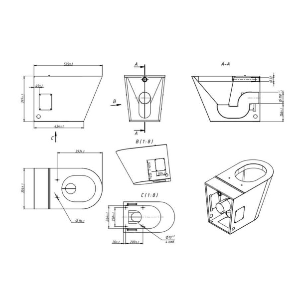 Унитаз напольный НЕРЖАВЕЙКА МАТОВАЯ, 620х370х400, горизонтальный 100, сидение дюропласт,подача сзади фото  в интернет-магазине Санкомп