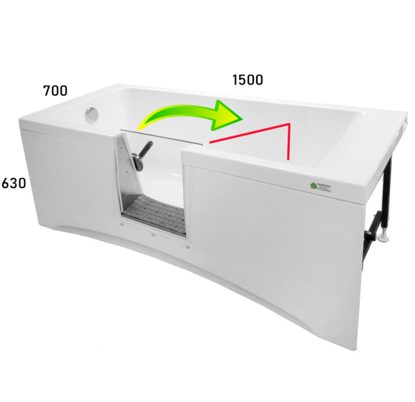 Ванна с дверью 1500х700х630 мм СЛИВ СЛЕВА ДВЕРЬ СЛЕВА 440 мм от края, ОТКРЫТИЕ НАЛЕВО, 26225 фото  в интернет-магазине Санкомп