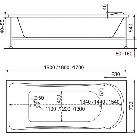 Ванна акриловая в комплектации "стандарт" 1500х700х540 мм, 13261 фото  в интернет-магазине Санкомп