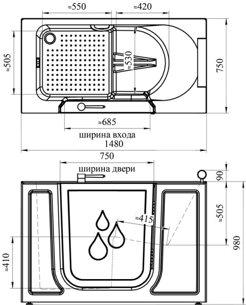 Ванна для инвалидов и пожилых с дверцей с сиденьем 1480х750х980 мм с хромотерапией, 20667 фото  в интернет-магазине Санкомп