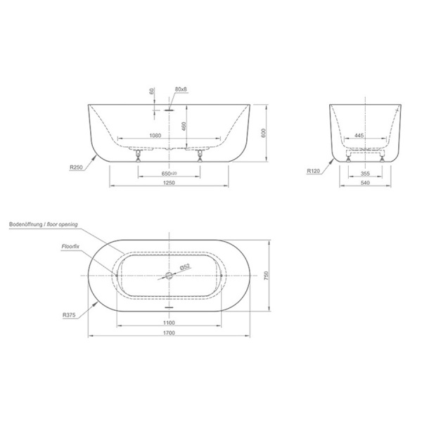 Ванна акриловая отдельностоящая овальная с щелевым переливом 1700х750х600 мм, 21801 фото  в интернет-магазине Санкомп