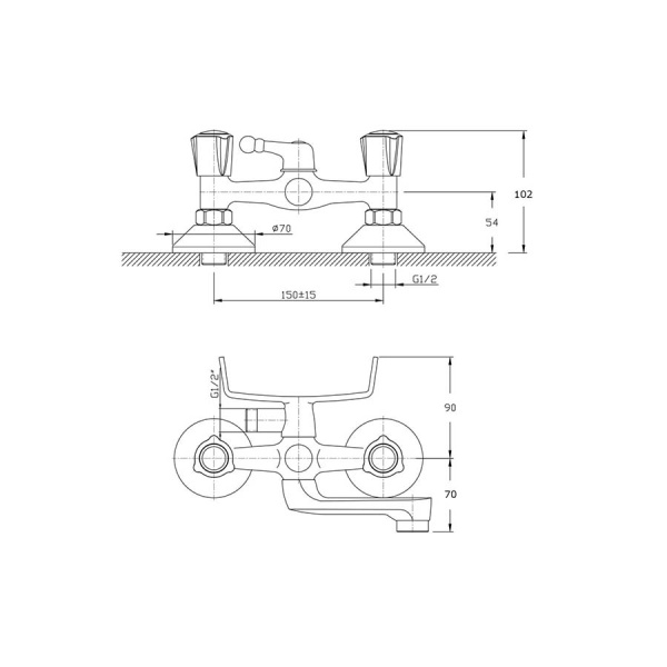 Смеситель для ванны настенный ДВУХВЕНТИЛЬНЫЙ, излив короткий литой длина 130 мм лейка 1 режим, 26526 фото  в интернет-магазине Санкомп