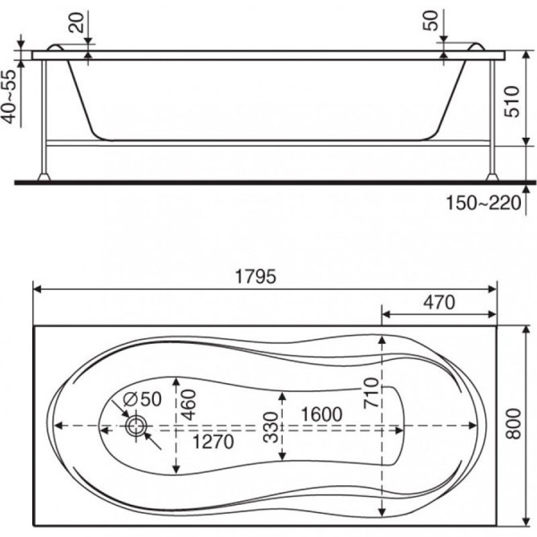 Ванна акриловая прямоугольная с каркасом 1800х800х510 мм, 5658 фото  в интернет-магазине Санкомп