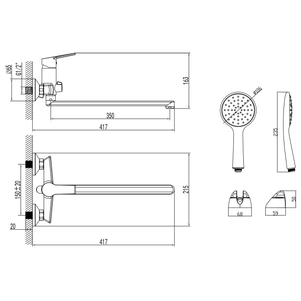 Смеситель для ванны настенный ОДНОРЫЧАЖНЫЙ с поворотным изливом 35 см, 22273 фото  в интернет-магазине Санкомп